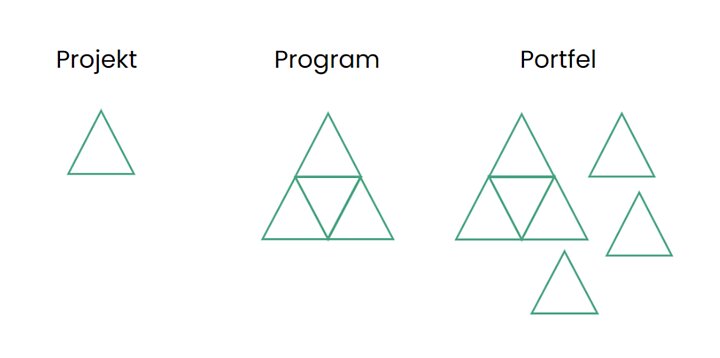 Grafika prezentuje kolejno: jeden trójkąt symbolizuje projekt, większy trójkąt, który składa się z kilku mniejszych trójkątów (projektów) to program. Portfel to z kolei zbiór projektów i programów.
